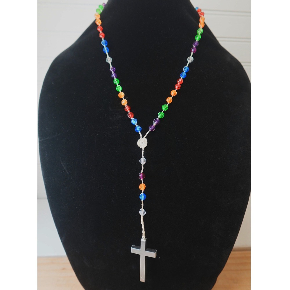 Vintage Rainbow Rosary Plastic Beads Crochet Handmade Necklace Religious Jewelry